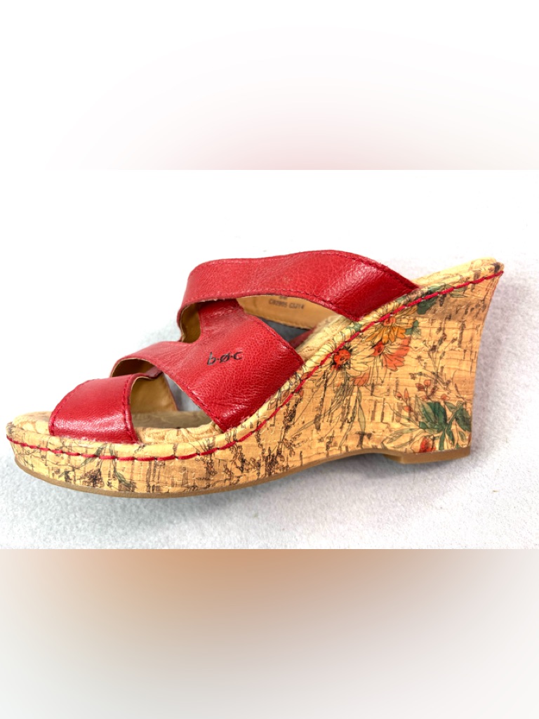 B.O.C. Born 8 Artistic Painted Sketch Cork Wedge Red Leather Cross Strap Sandals